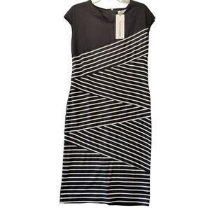 FavoLook Black White Dress NEW Midi Striped Capped Sleeves Sheath Women's Size L